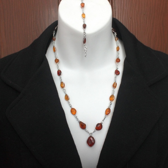 Vintage genuine amber gemstone necklace and bracelet wired set collier bracelet - Picture 2 of 13